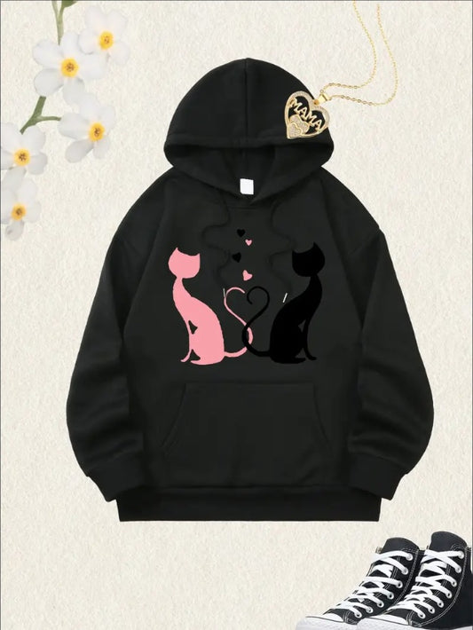 Women'S Christmas Cat Silhouette Print Hoodie, Casual Long Sleeve Pullover Hooded Collar, All-Season, Multi-Functional Hooded Sweatshirt With Pocket